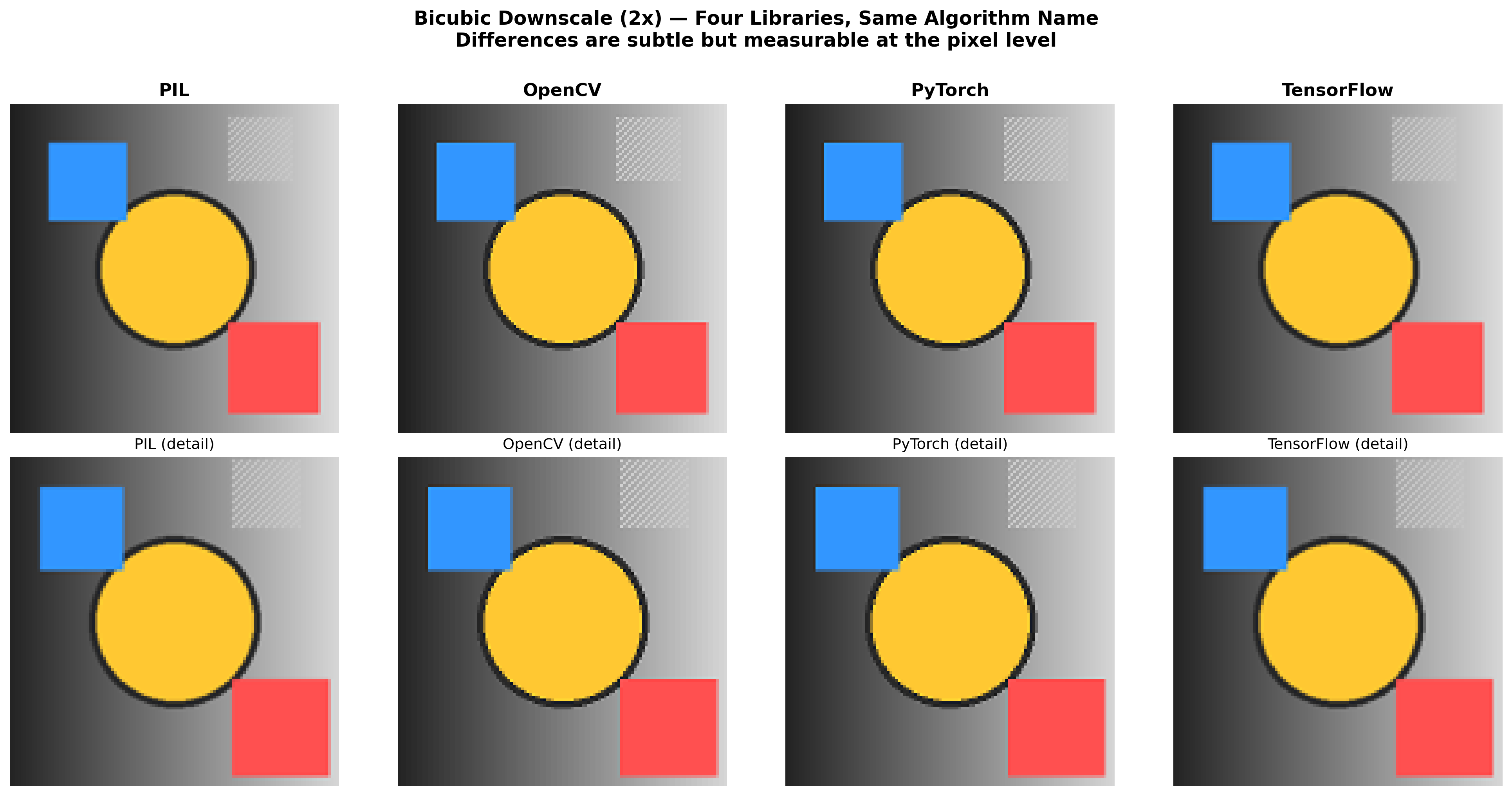 Four-library resize comparison showing PIL, OpenCV, PyTorch, and TensorFlow differences