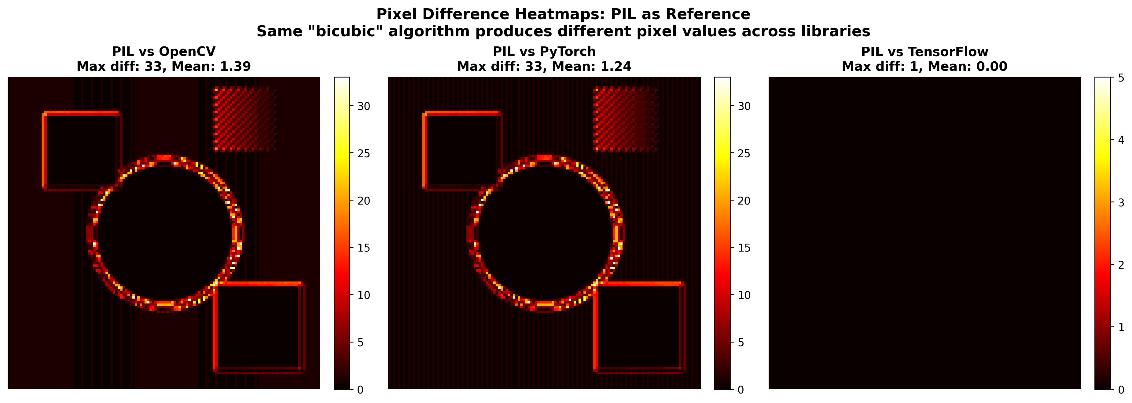 Difference heatmaps between resizing library outputs